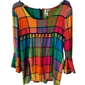 VTG Stella Women's Top‎ L Rainbow Plaid Boho Festival Tunic Bell Sleeve Zip Back